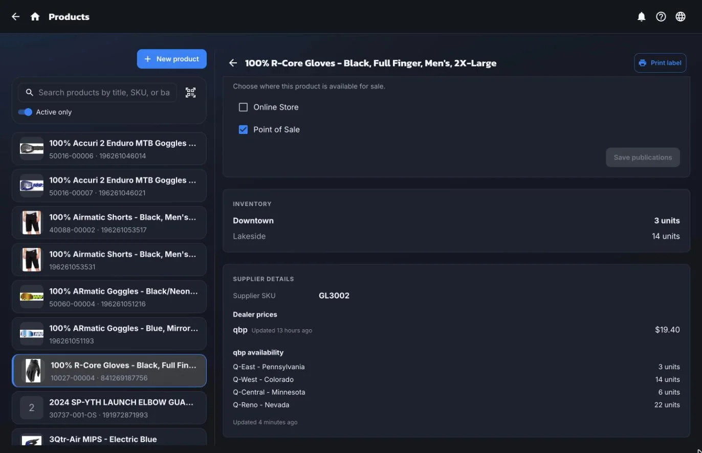 A product in ShopTech showing on-hand stock at each shop location, the supplier SKU, the dealer price, and warehouse-level availability at the supplier.