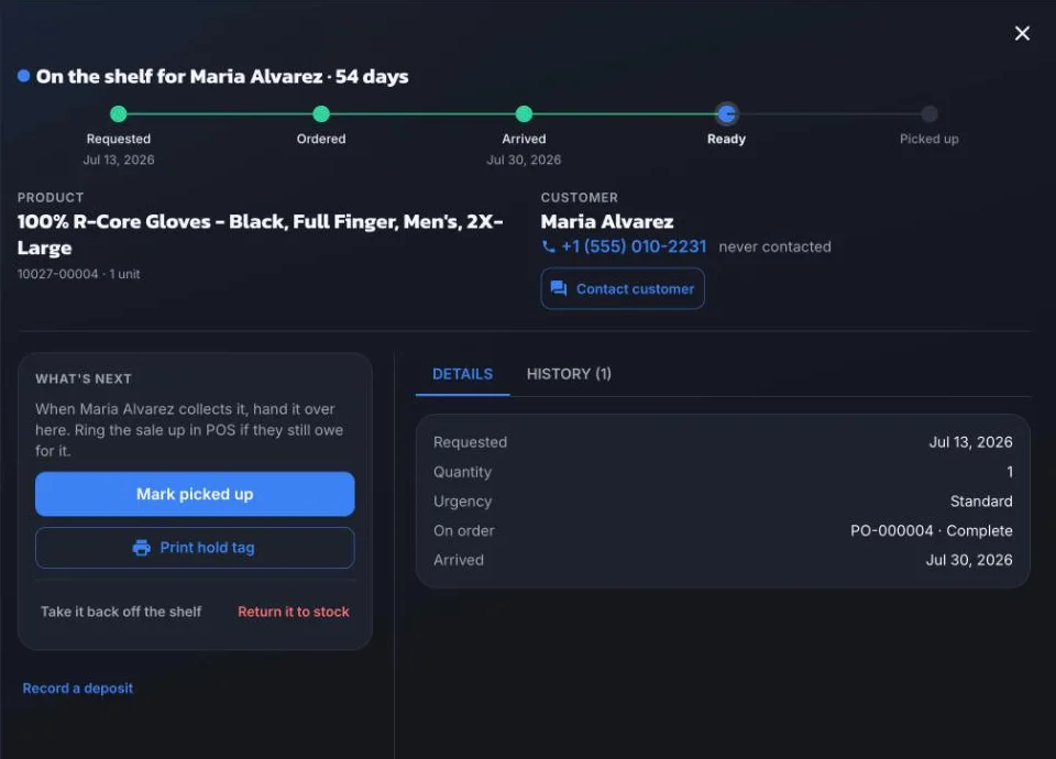 A single special order in ShopTech: a timeline from Requested to Picked up, the product and customer, a Mark picked up button, a Print hold tag button, and a link to record a deposit.